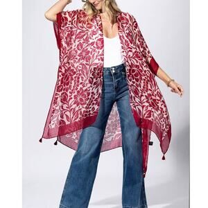 Punch Paisley Border Kimono | Red Boho Open-Front Layer